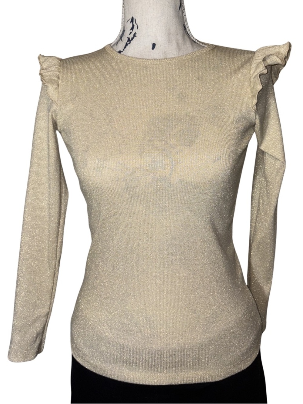 H&M Gold Metallic Shimmer Ruffle Long Sleeve Knit Top Size 8/10 EUC